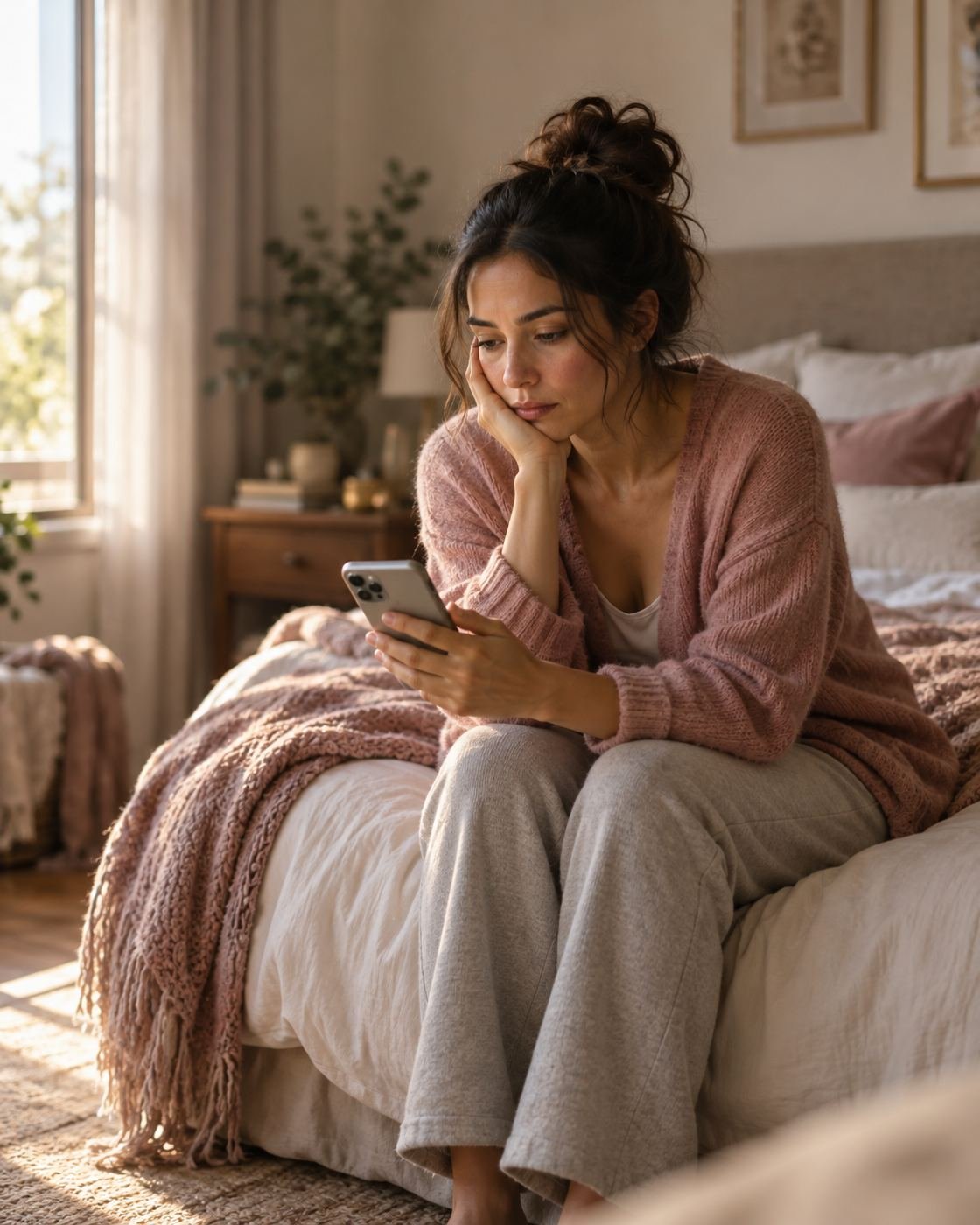 Mujer sentada en el borde de su cama, pensativa