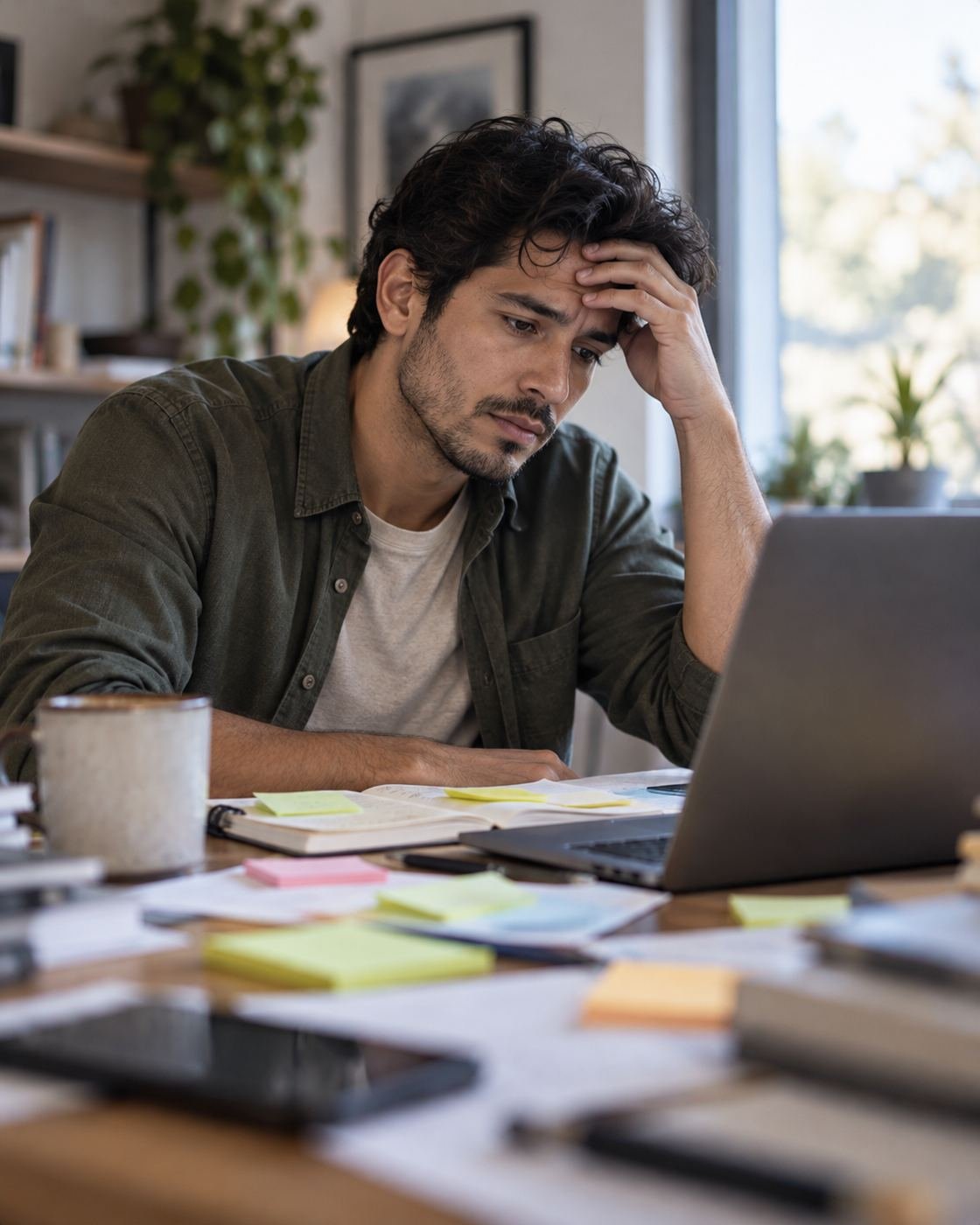 Hombre frente a su computadora con muchos pendientes