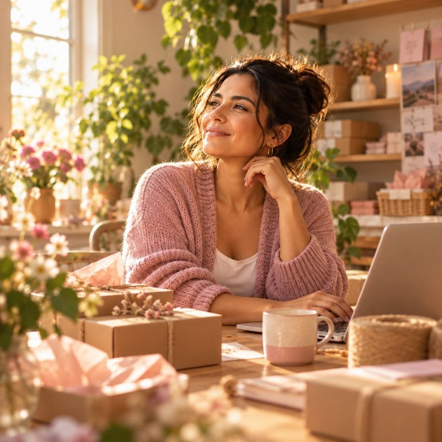 Mujer feliz trabajando en su propio negocio
